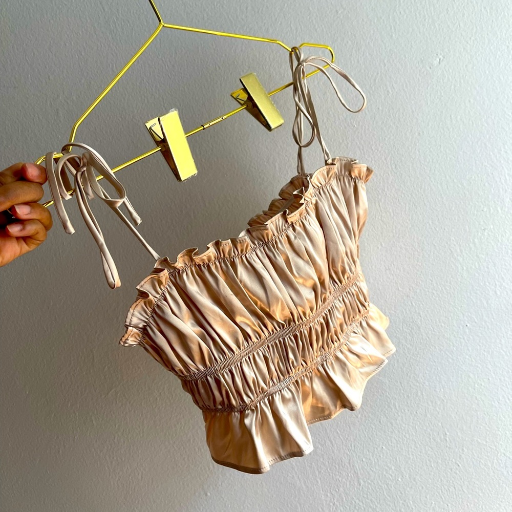 MESHKI Helena ruched  crop top in champagne